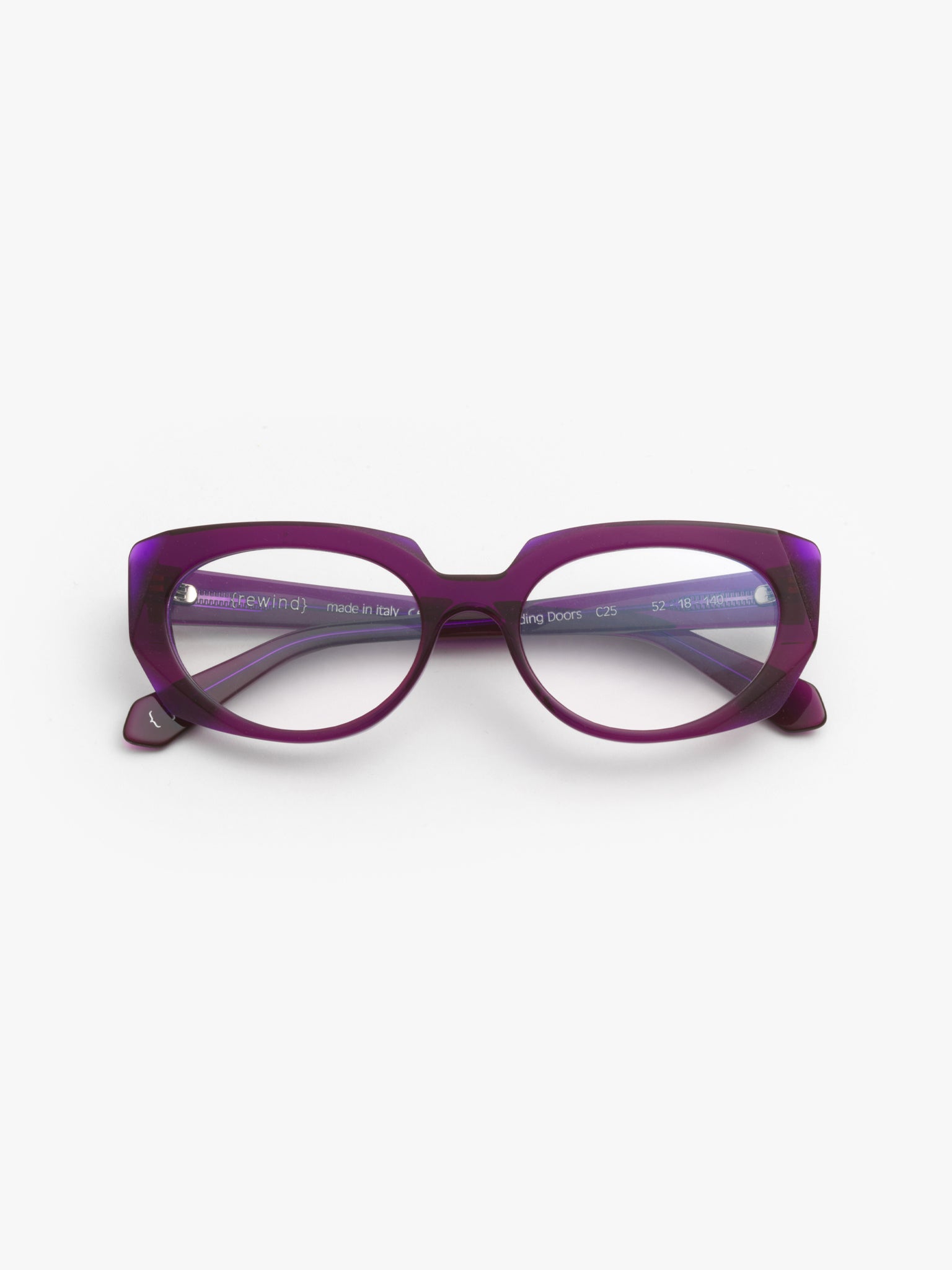 Sliding Doors women's eyeglasses by Rewind Eyewear, purple transparent acetate frame