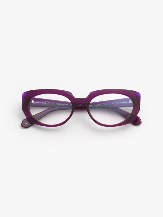 Sliding Doors women's eyeglasses by Rewind Eyewear, purple transparent acetate frame