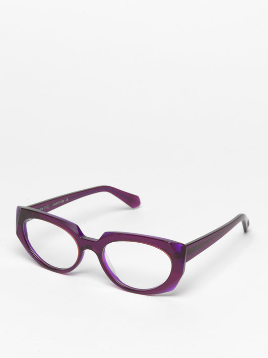 Sliding Doors women's eyeglasses by Rewind Eyewear, purple transparent acetate frame