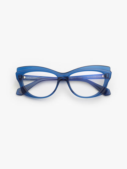 Slow Motion women's eyeglasses by Rewind Eyewear, blue transparent acetate frame