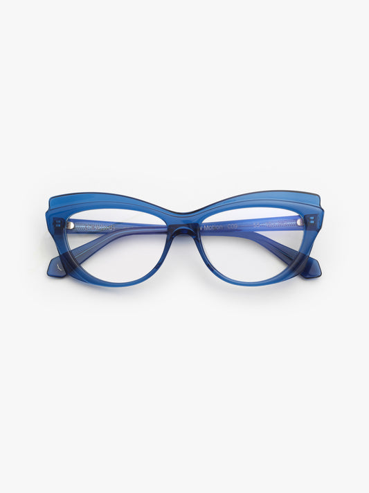 Slow Motion women's eyeglasses by Rewind Eyewear, blue transparent acetate frame