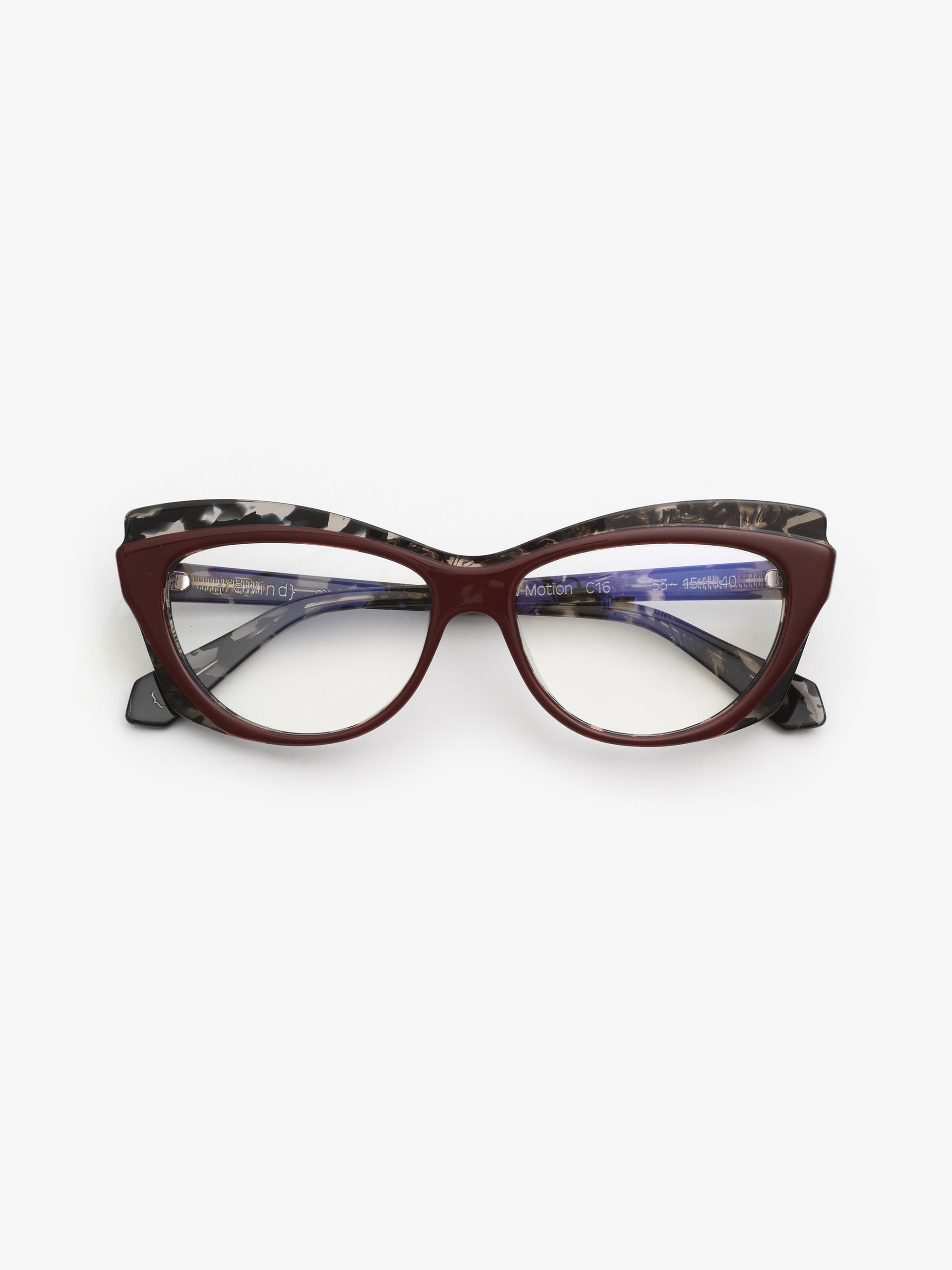 Slow Motion women's eyeglasses by Rewind Eyewear, dark red and grey tortoise acetate frame