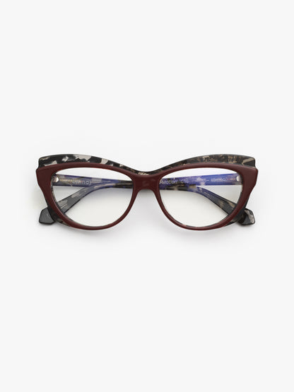 Slow Motion women's eyeglasses by Rewind Eyewear, dark red and grey tortoise acetate frame