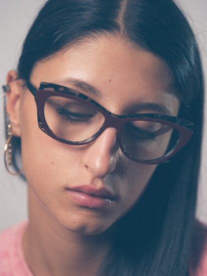 Slow Motion women's eyeglasses by Rewind Eyewear, dark red and grey tortoise acetate frame