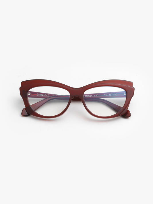 Slow Motion women's eyeglasses by Rewind Eyewear, metallic red acetate frame