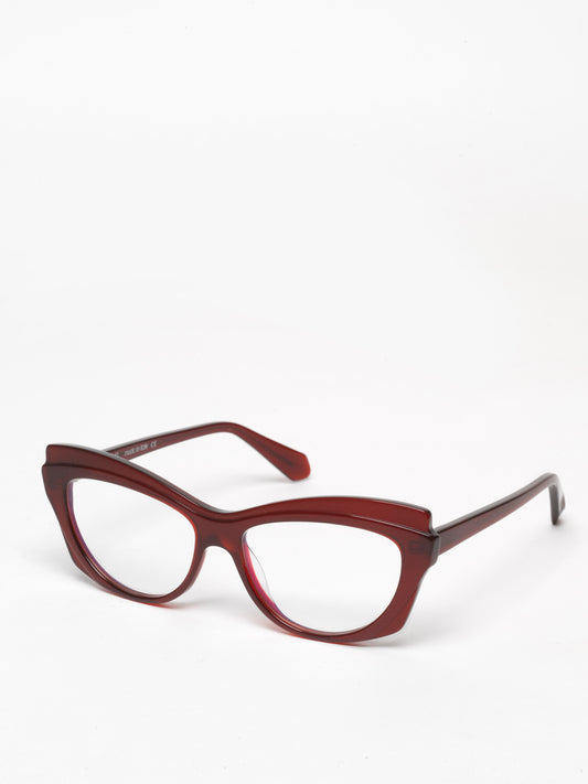 Slow Motion women's eyeglasses by Rewind Eyewear, metallic red acetate frame