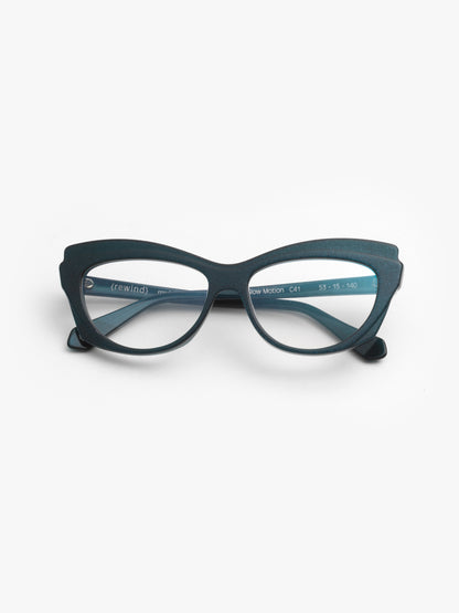 Slow Motion women's eyeglasses by Rewind Eyewear, metallic petrol green acetate frame