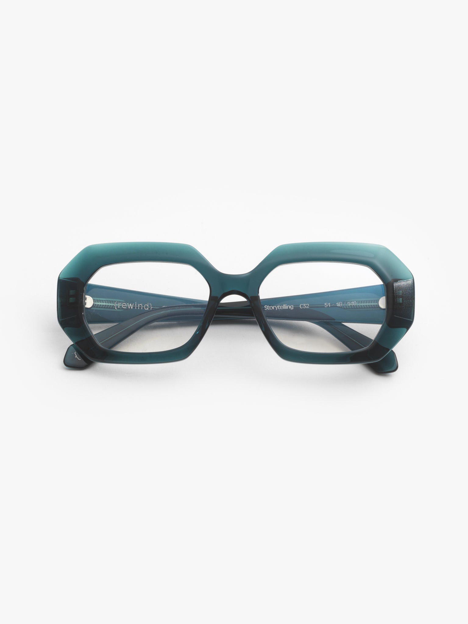 Storytelling women's eyeglasses by Rewind Eyewear, petrol green transparent acetate frame