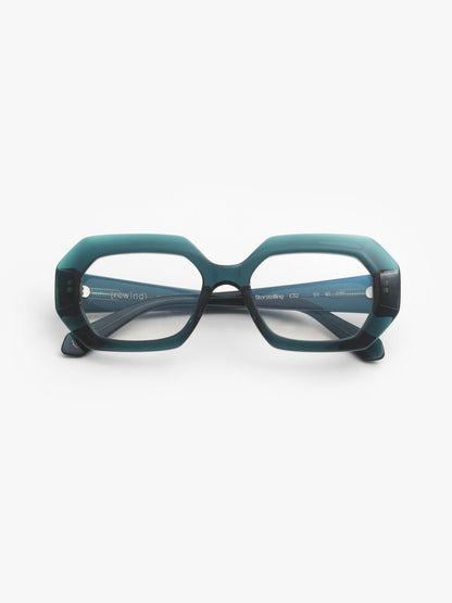 Storytelling women's eyeglasses by Rewind Eyewear, petrol green transparent acetate frame