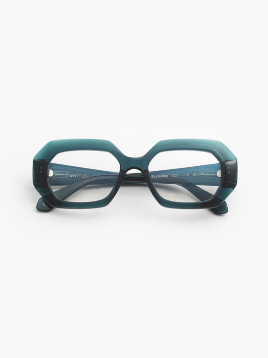 Storytelling women's eyeglasses by Rewind Eyewear, petrol green transparent acetate frame