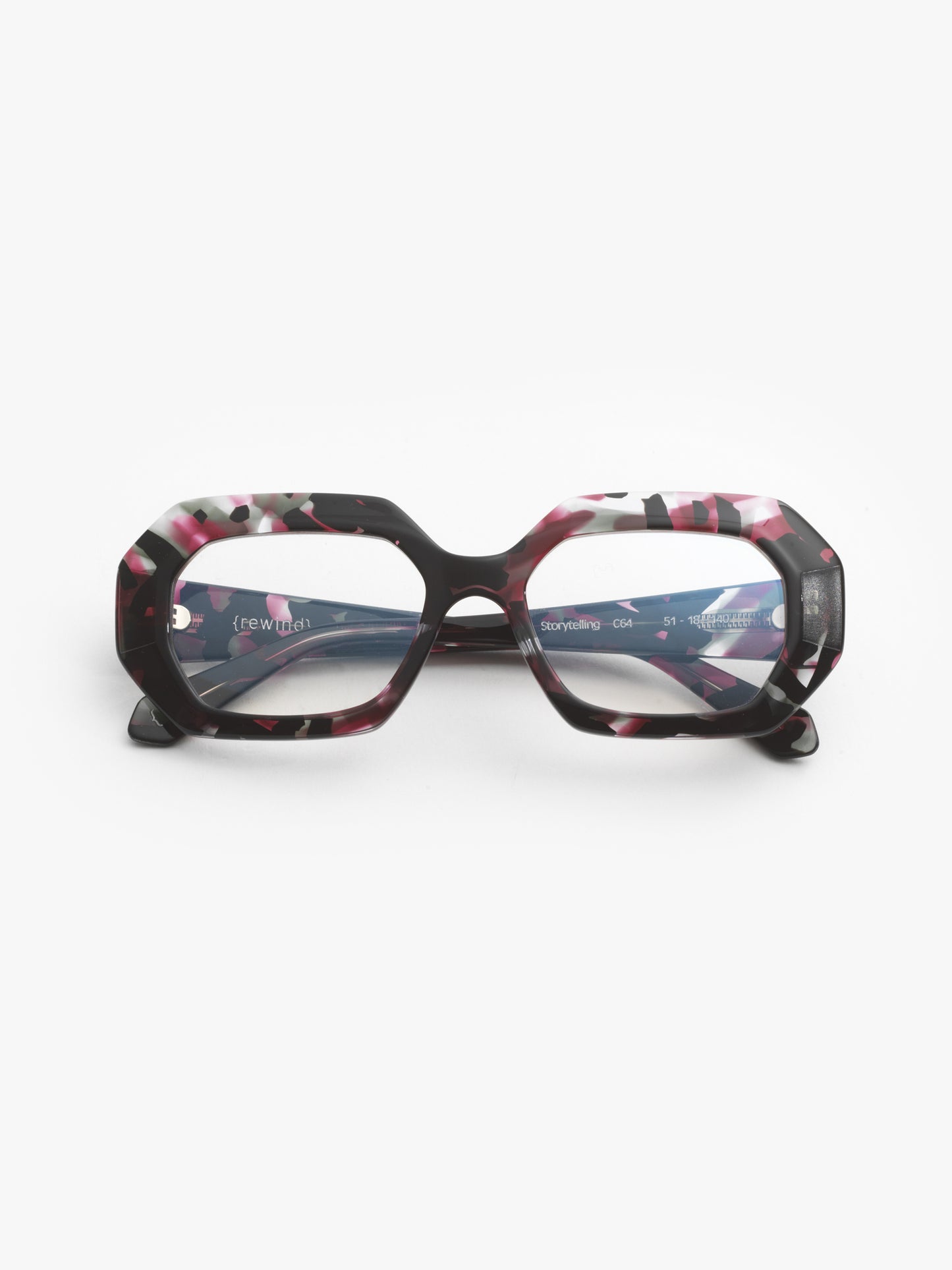 Storytelling women's eyeglasses by Rewind Eyewear, colorful black and red acetate frame