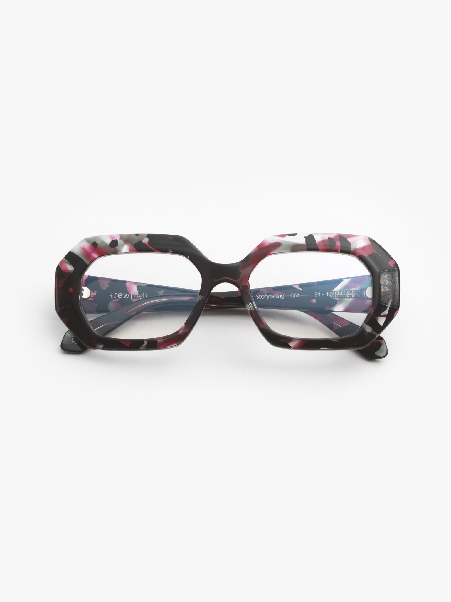 Storytelling women's eyeglasses by Rewind Eyewear, colorful black and red acetate frame