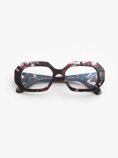 Storytelling women's eyeglasses by Rewind Eyewear, colorful black and red acetate frame