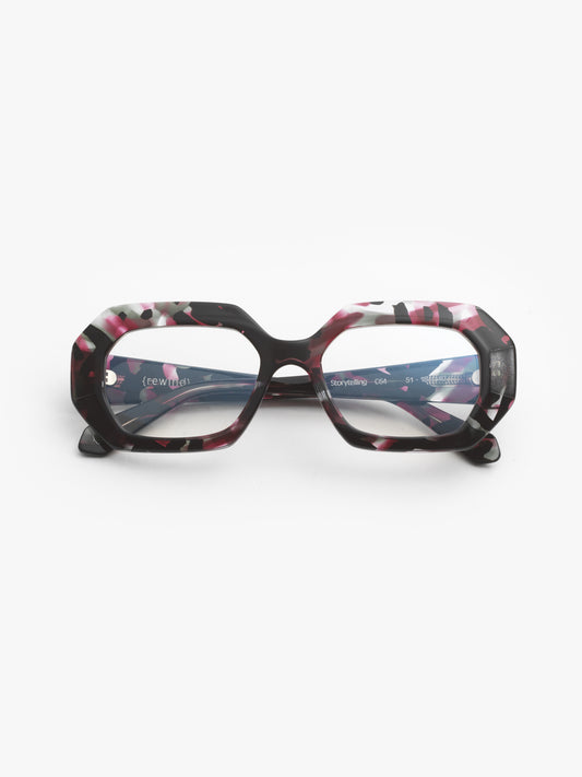 Storytelling women's eyeglasses by Rewind Eyewear, colorful black and red acetate frame