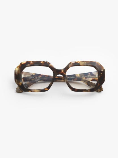 Storytelling women's eyeglasses by Rewind Eyewear, dark avana with white pearl acetate frame