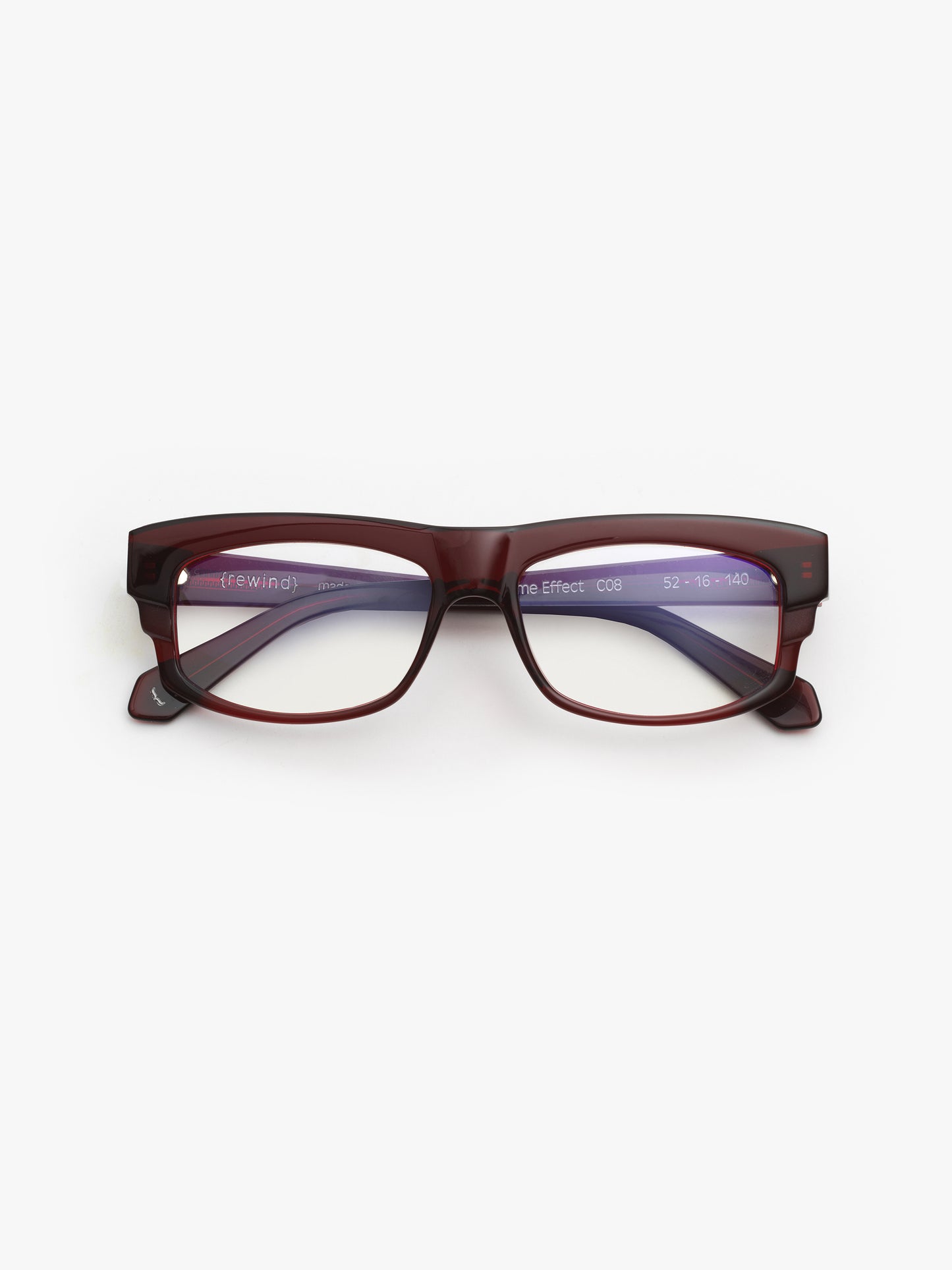 Time Effect unisex eyeglasses by Rewind Eyewear, dark red transparent acetate frame
