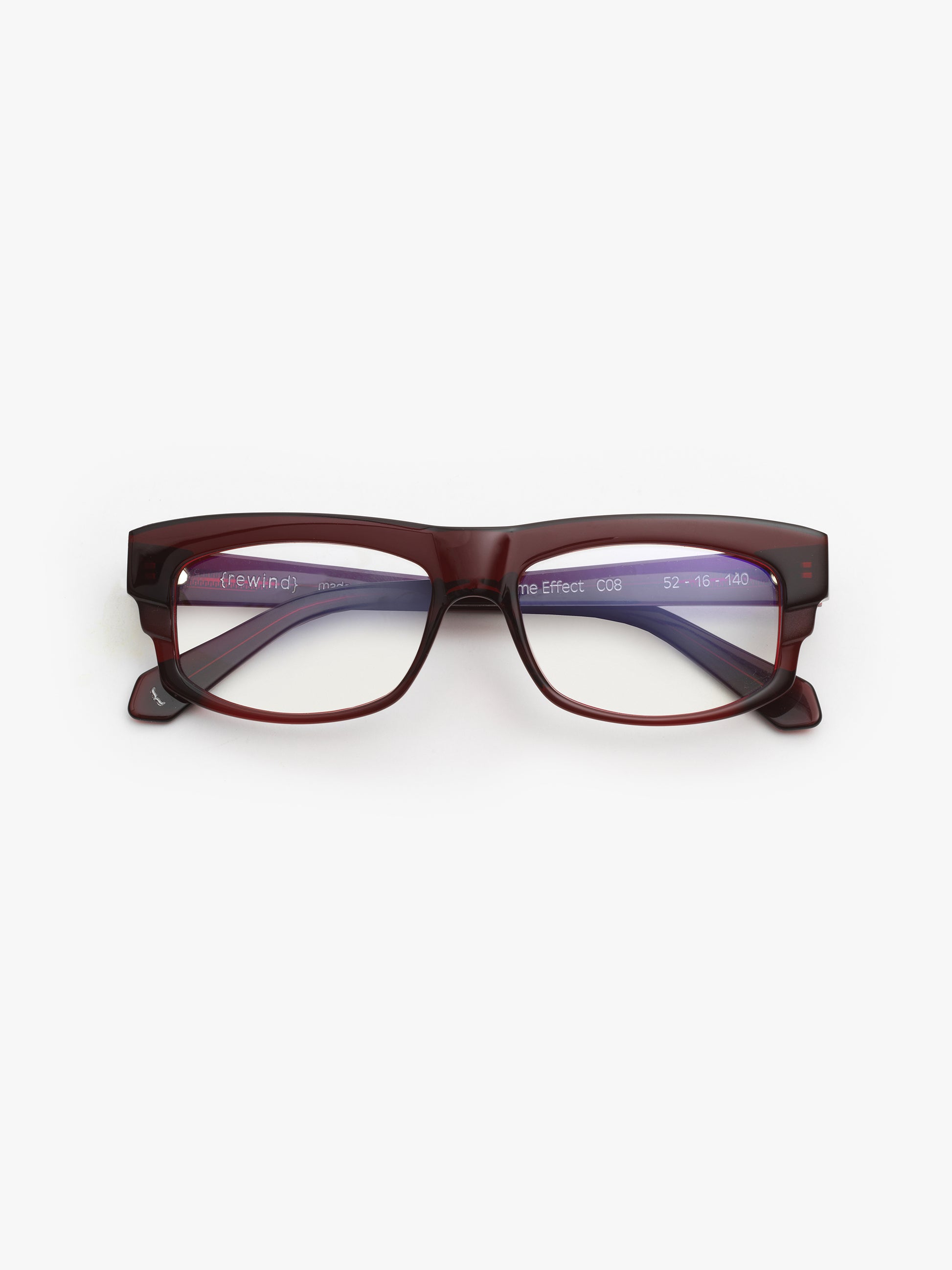 Time Effect unisex eyeglasses by Rewind Eyewear, dark red transparent acetate frame