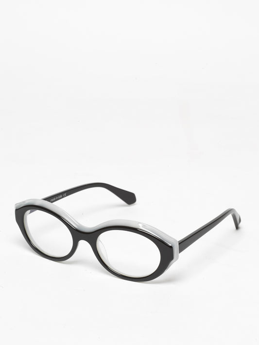 Timeline women's eyeglasses by Rewind Eyewear, black and white pearl  acetate frame