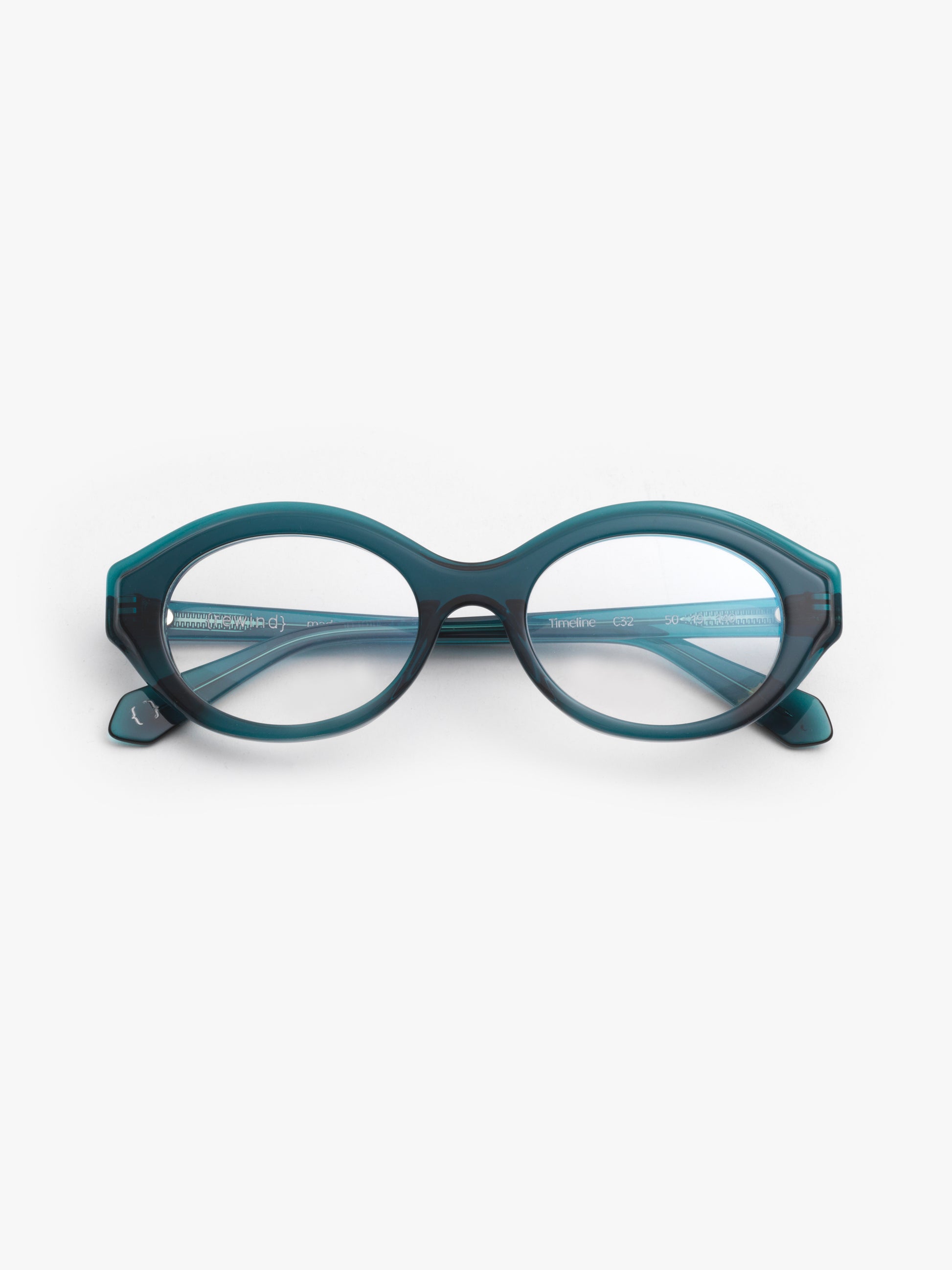 Timeline women's eyeglasses by Rewind Eyewear, petrol green transparent acetate frame