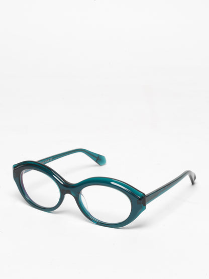 Timeline women's eyeglasses by Rewind Eyewear, petrol green transparent acetate frame